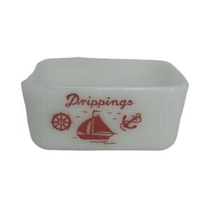 McKee Glass Red Sailboat Refrigerator Storage NO LID - Milk Glass White